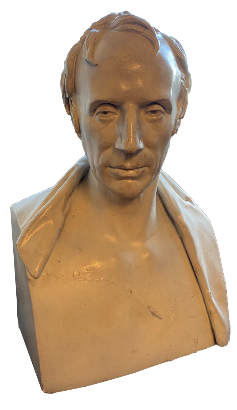 Photograph of a plaster bust of William Wordsworth, head to breast. 